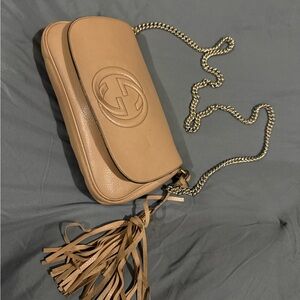Authentic Gucci Soho Disco GG Crossbody Bag with Gold Chain and Tassels